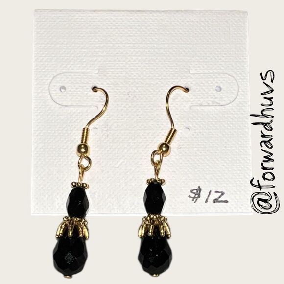Bundle Sale 3 for $15 | Artisan Earrings – Black Faceted Beads – Gold-Tone Hooks - Picture 1 of 8